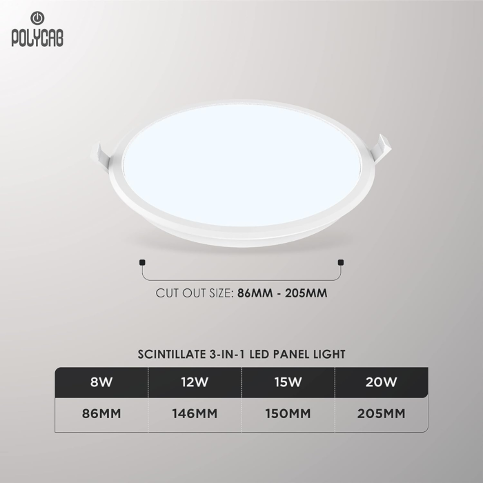 Polycab 15 Watt 3in1 Panel Light 6500K Round/ Square - Image 2